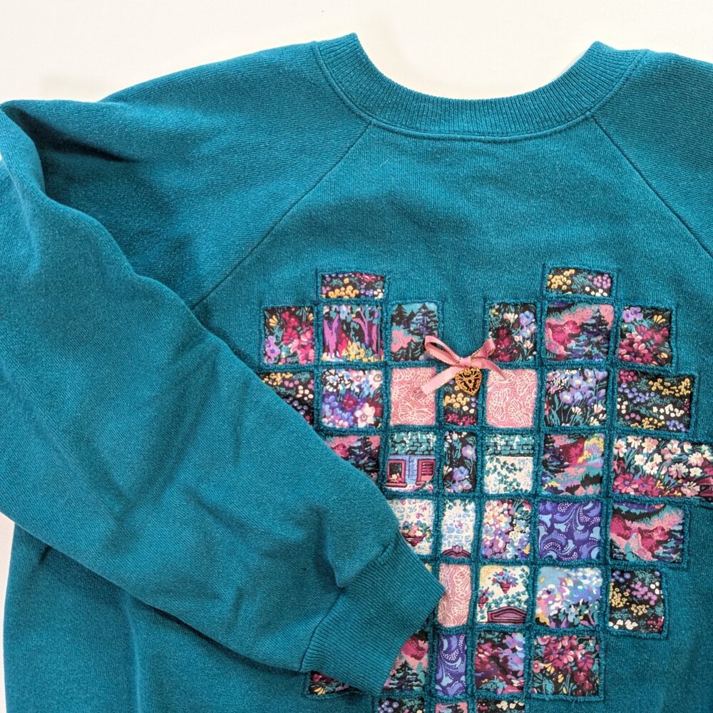 Teal Patchwork Heart Crewneck Sweatshirt - Picture 5 of 8